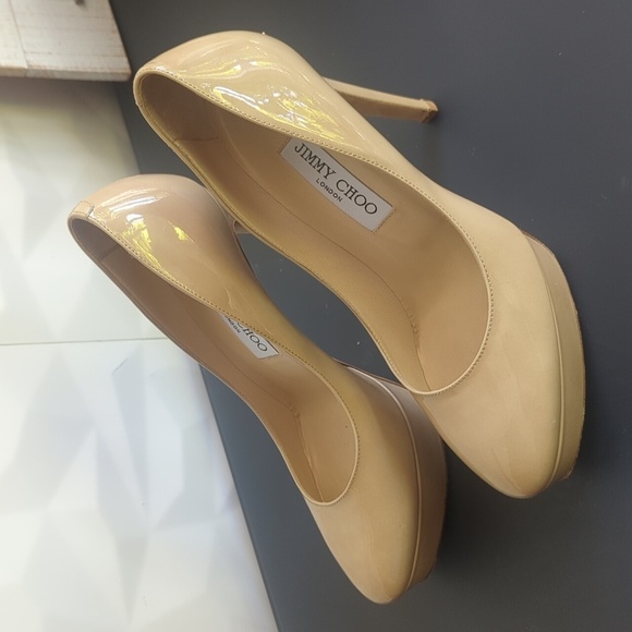 Jimmy Choo Alex Platform in Glossy Nude Beige Patent Leather Pump Heel 38.5 EU - Picture 8 of 8